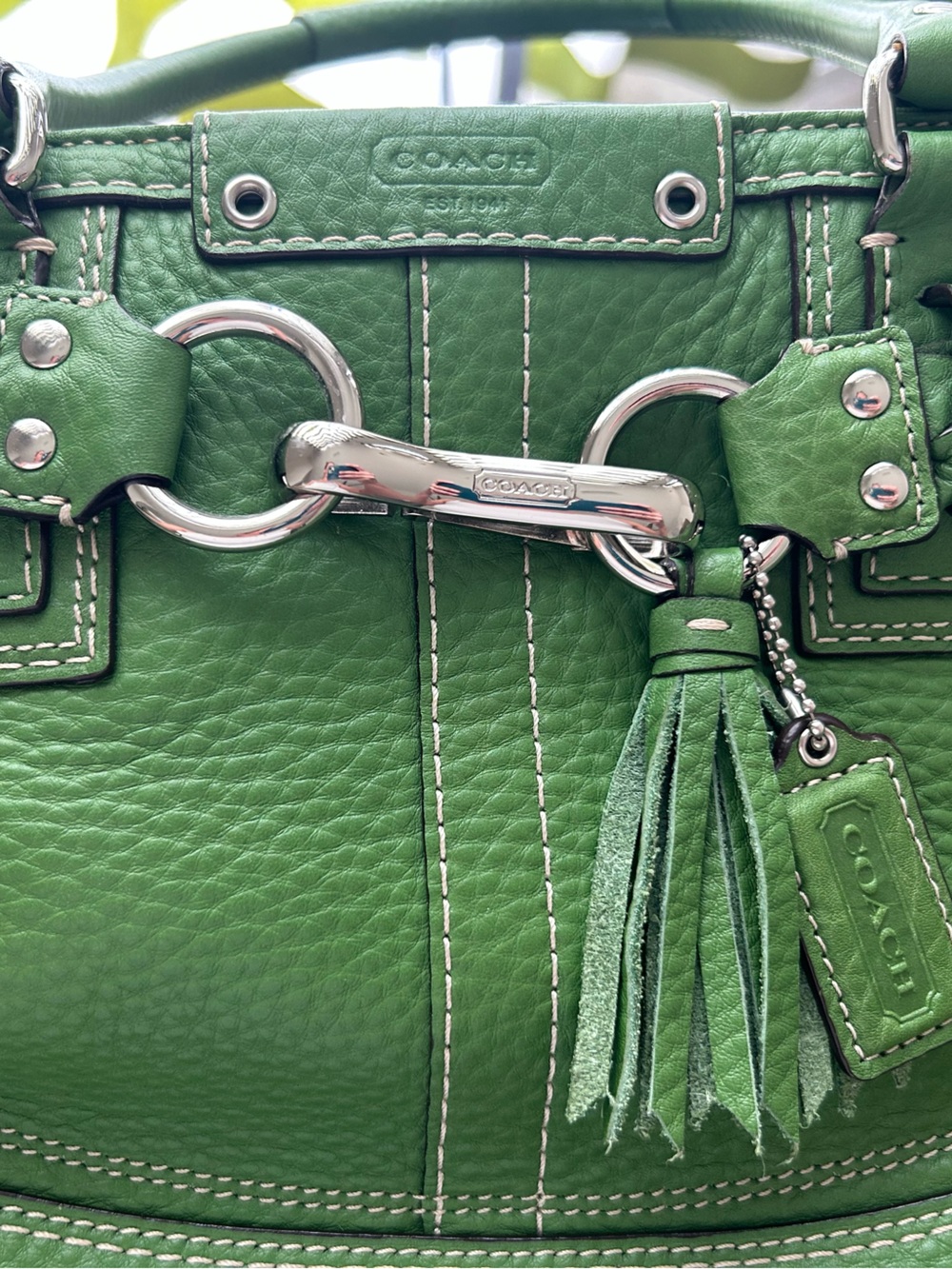 Coach Hampton Green Pebbled Leather Tote Braided Trim with Silver Hardware